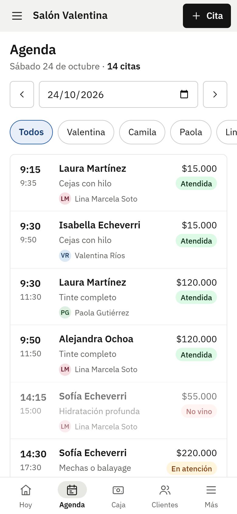 Pantalla de Manager Beauty: la agenda por estilista