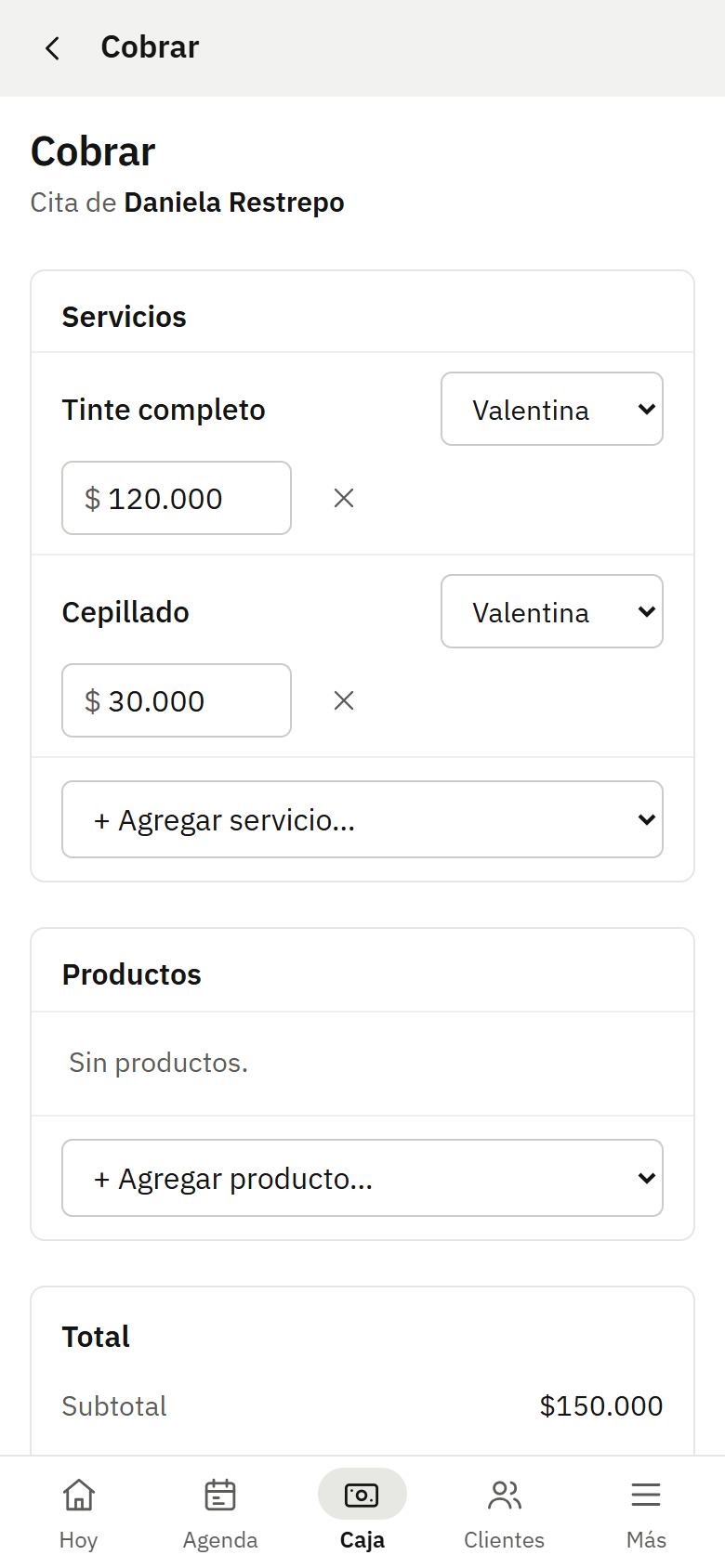 Pantalla de Manager Beauty: cobrar