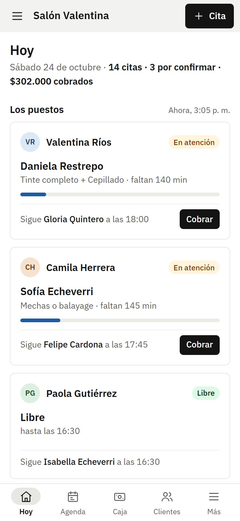 Pantalla de Manager Beauty: hoy