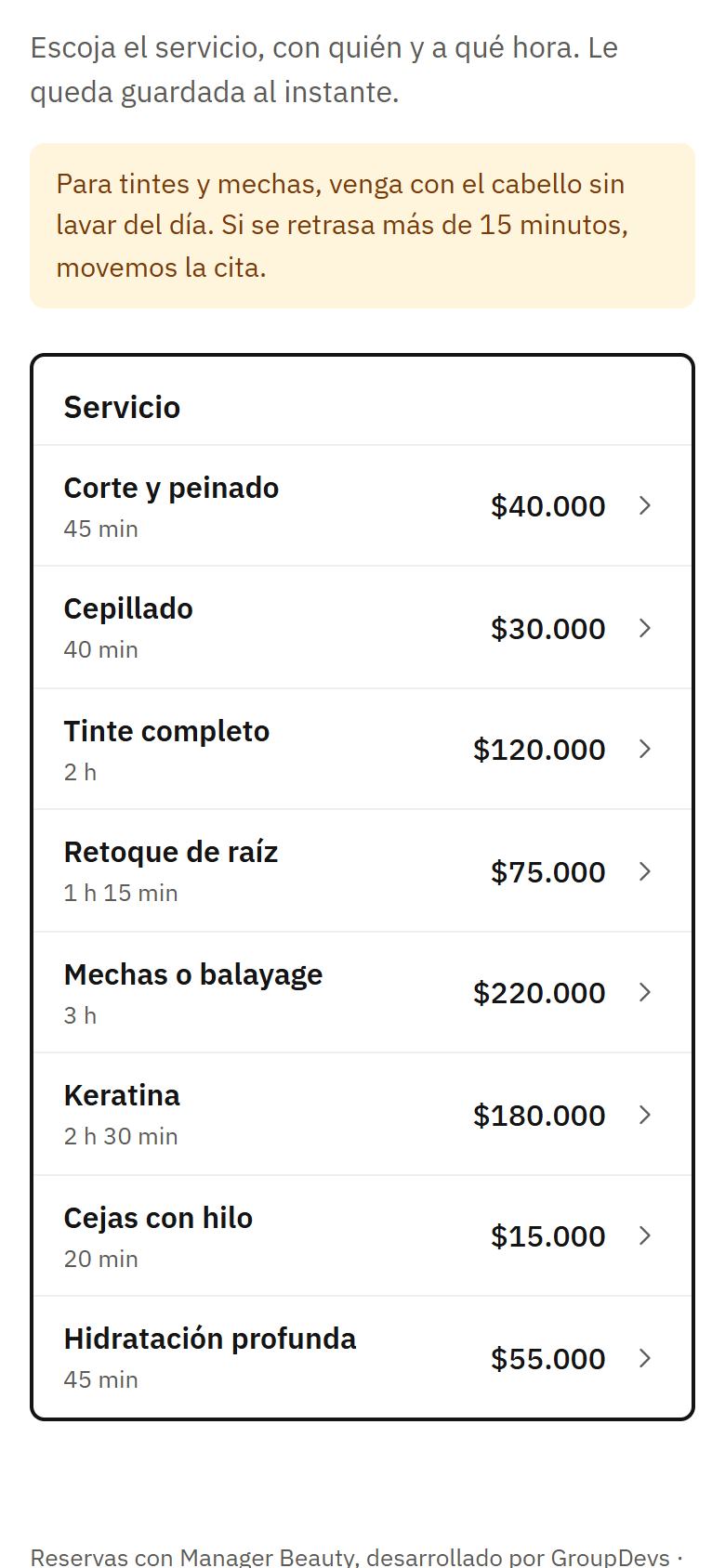 Pantalla de Manager Beauty: la página de reservas