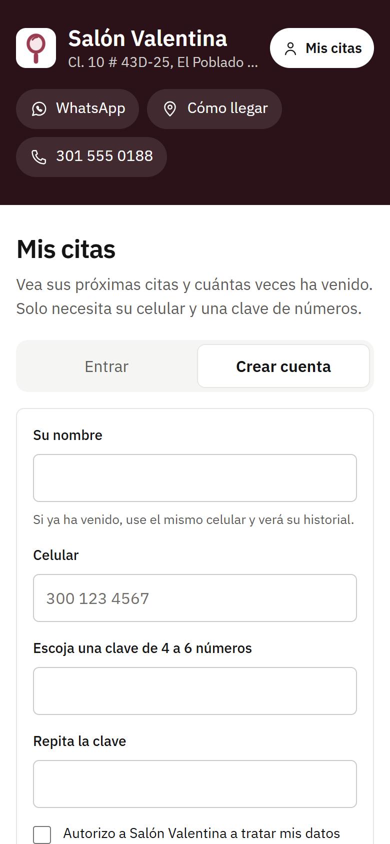 Pantalla del cliente: crea su cuenta