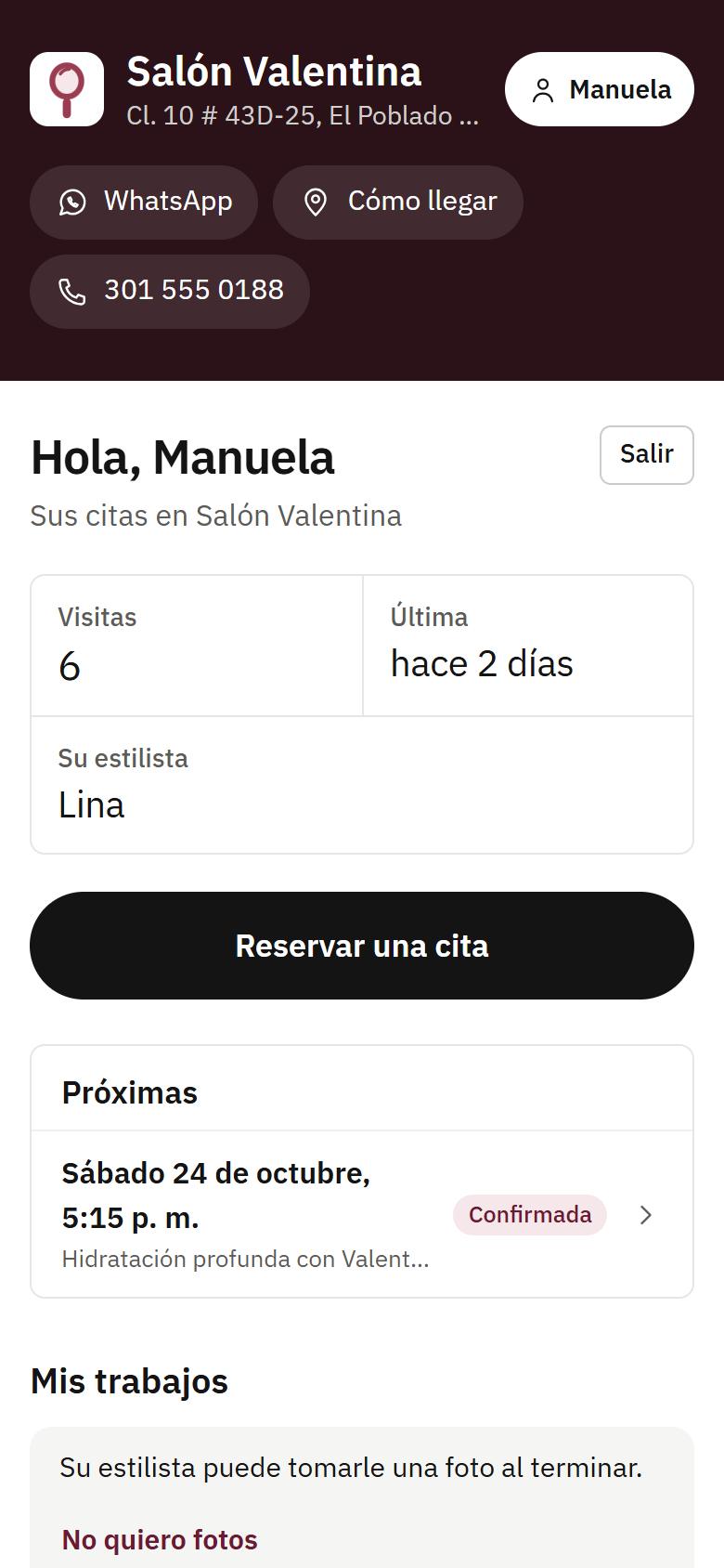 Pantalla del cliente: ve sus citas
