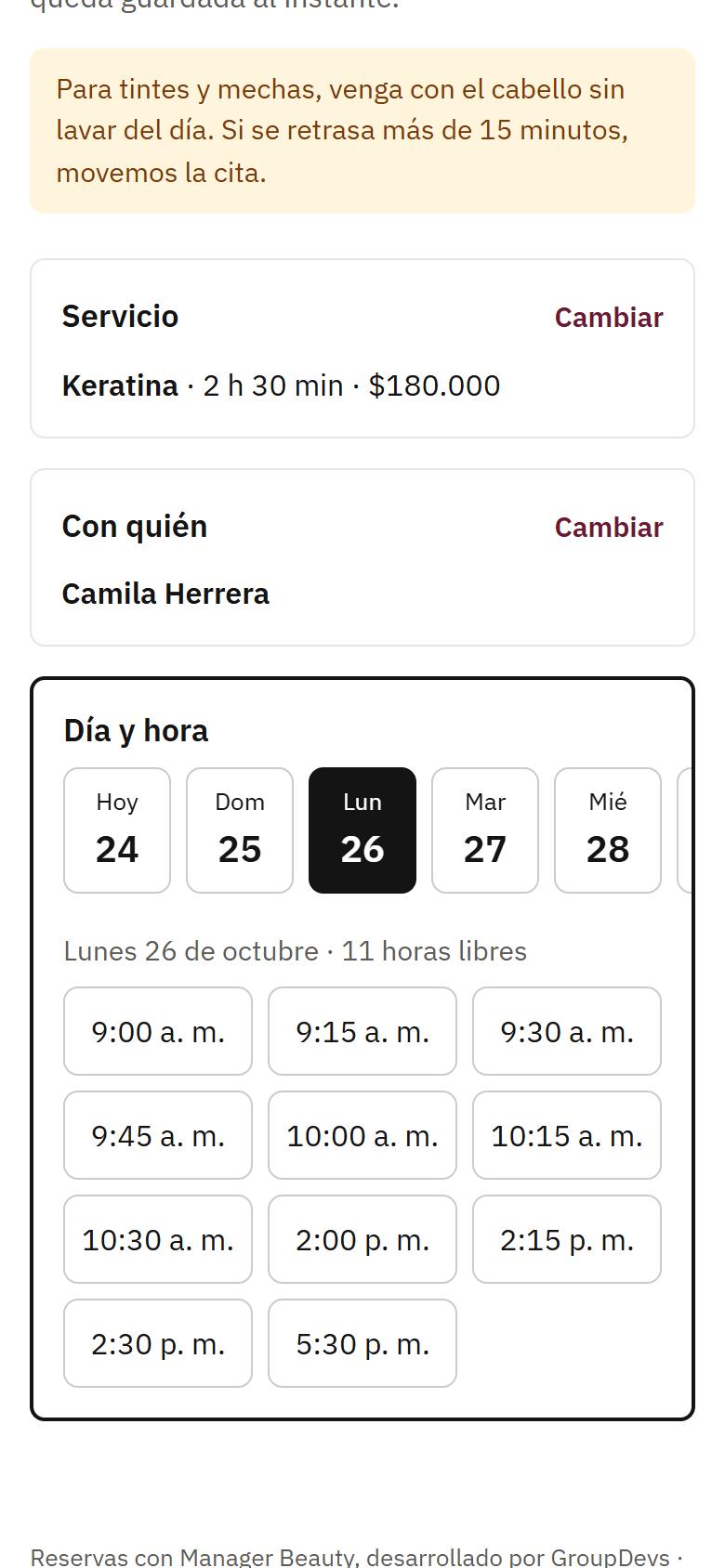 Pantalla de la app: el cliente reserva desde su enlace