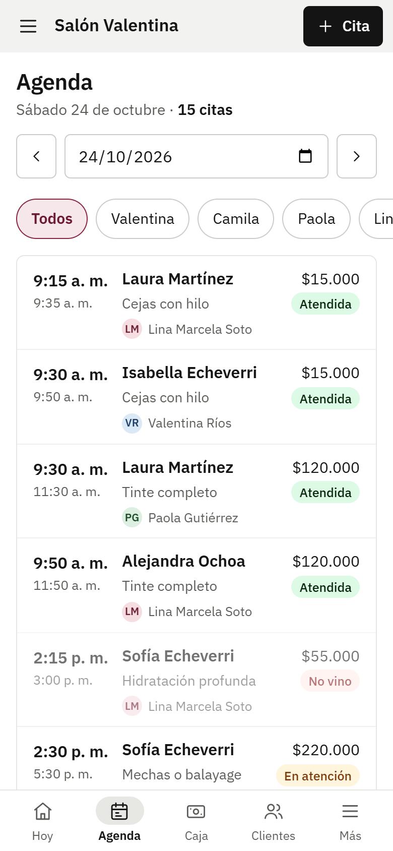 Pantalla de la agenda en el celular