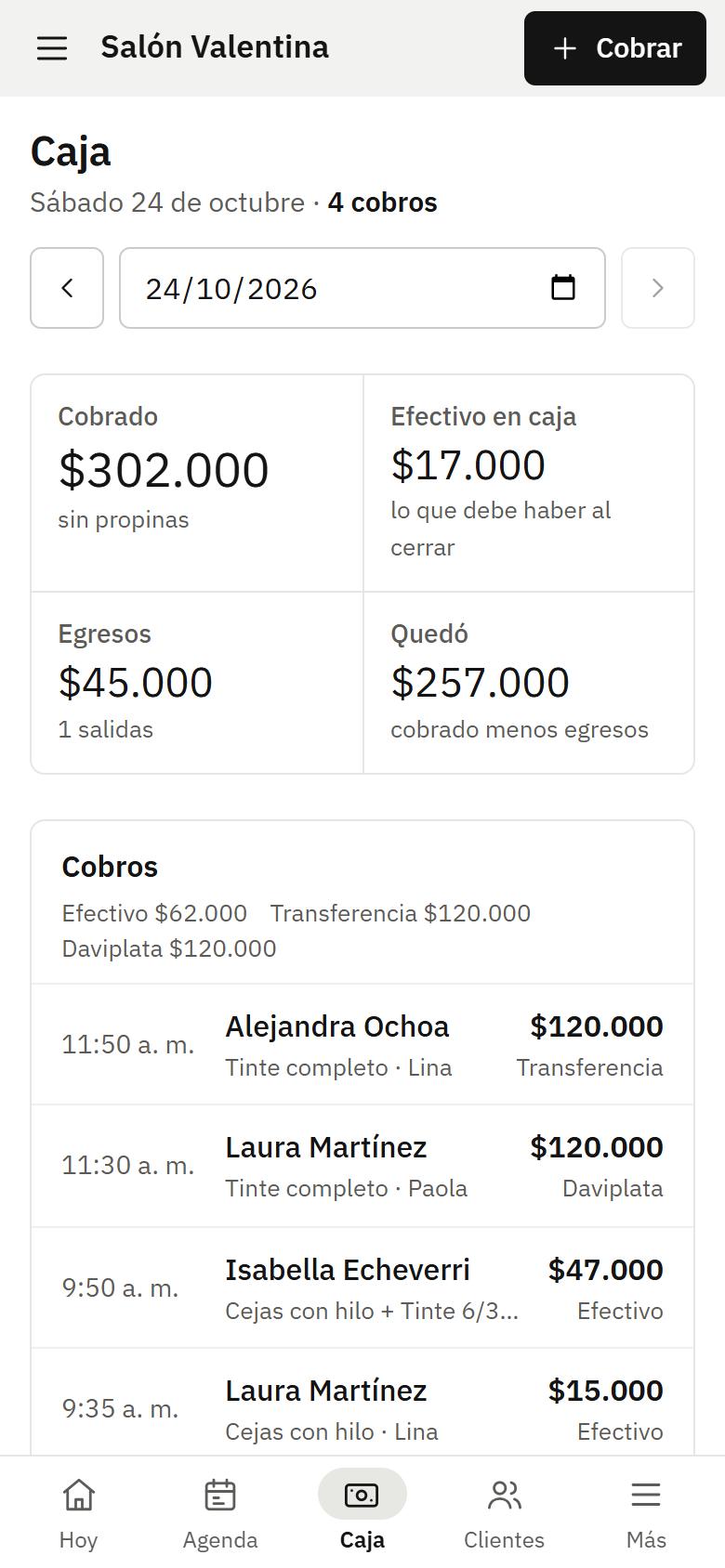 Pantalla de caja y cierre en el celular
