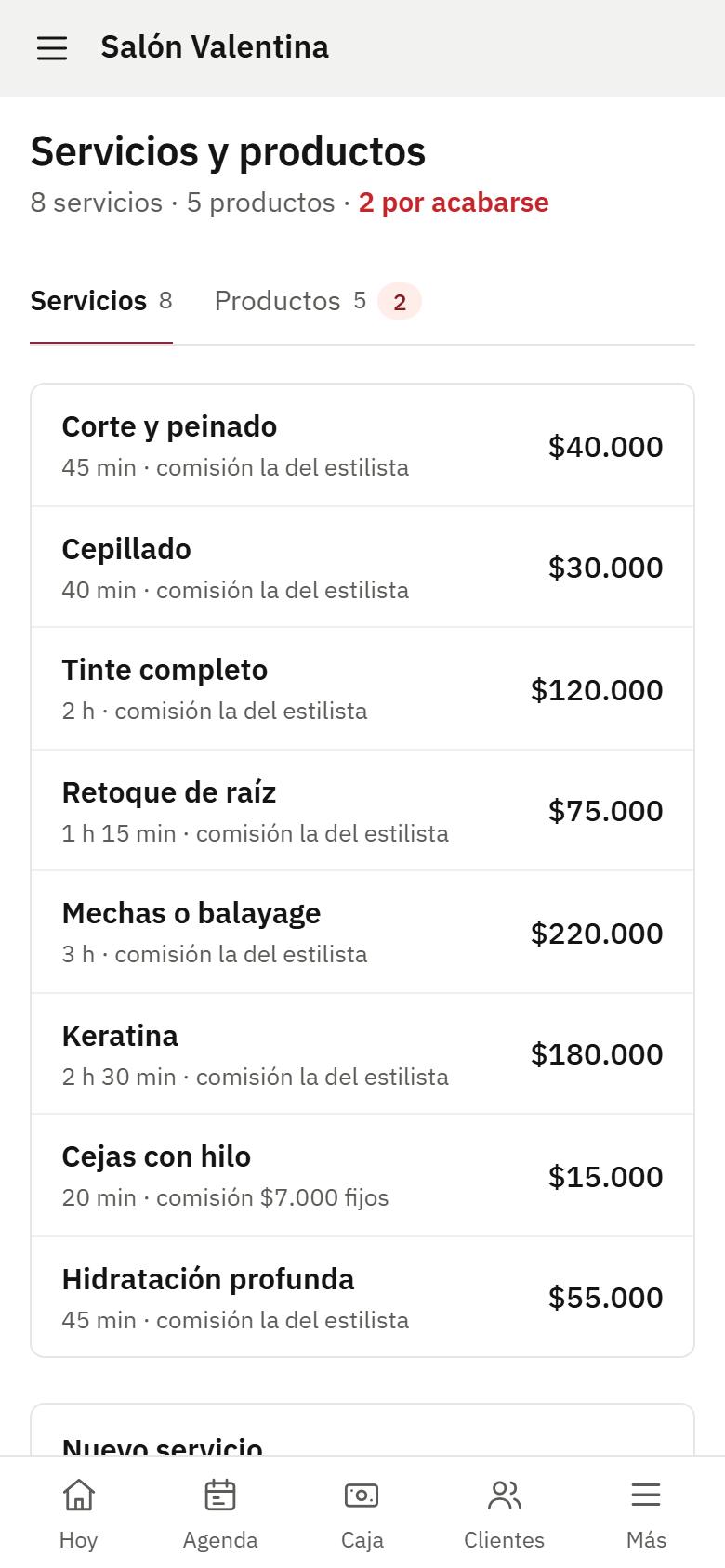 Pantalla de servicios y productos en el celular