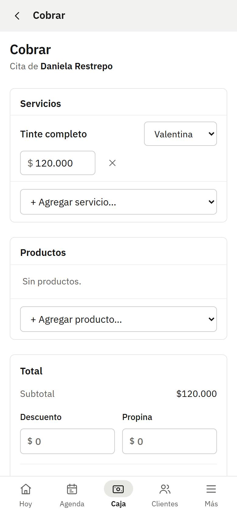 Pantalla de la app: cobra y la comisión se anota sola