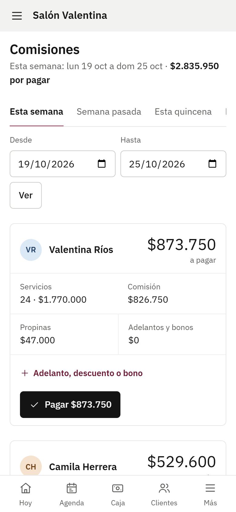 Pantalla de comisiones en el celular