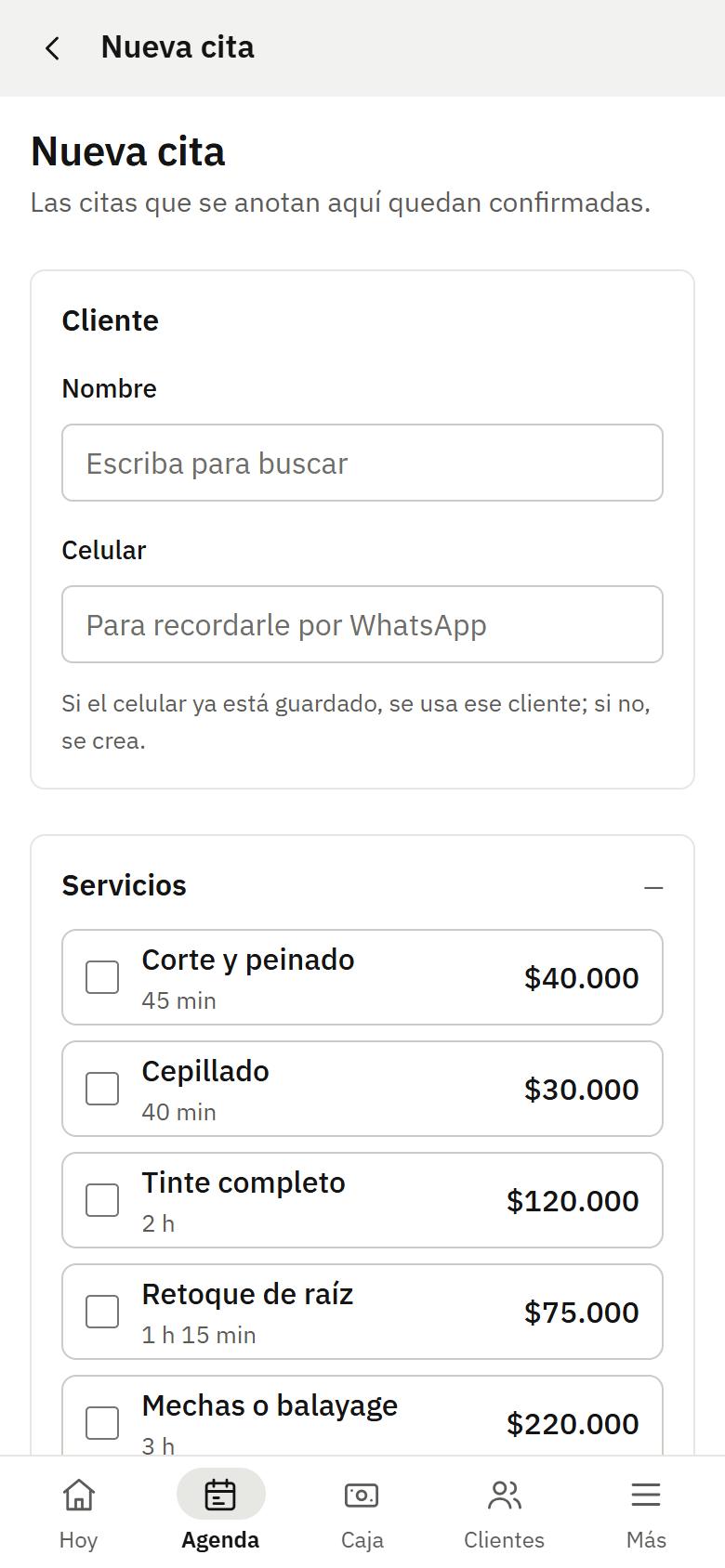 Pantalla de agendar una cita en el celular