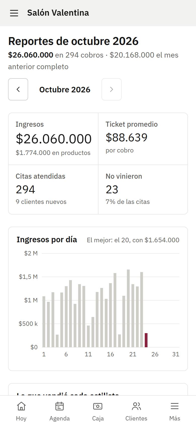 Pantalla de reportes en el celular