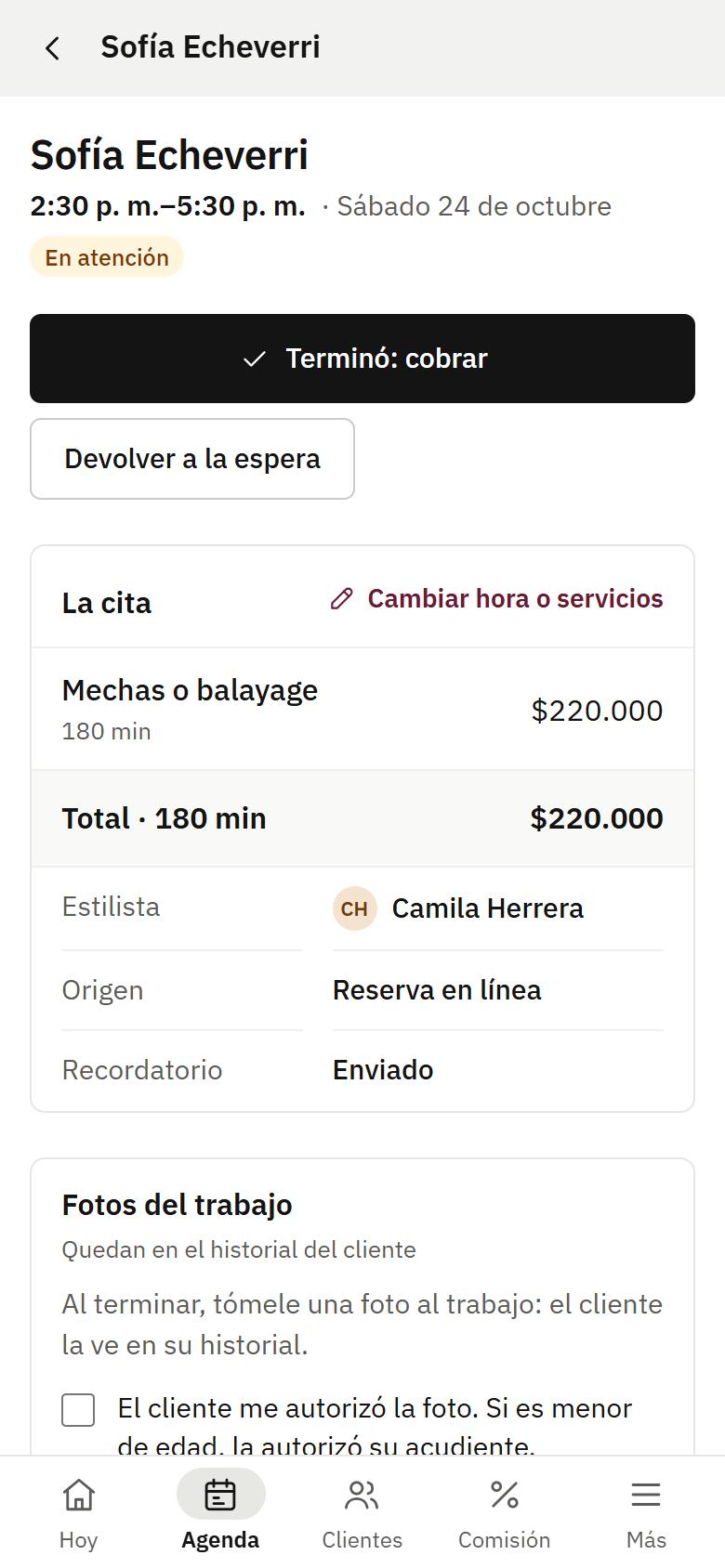 Pantalla de la estilista: la cita
