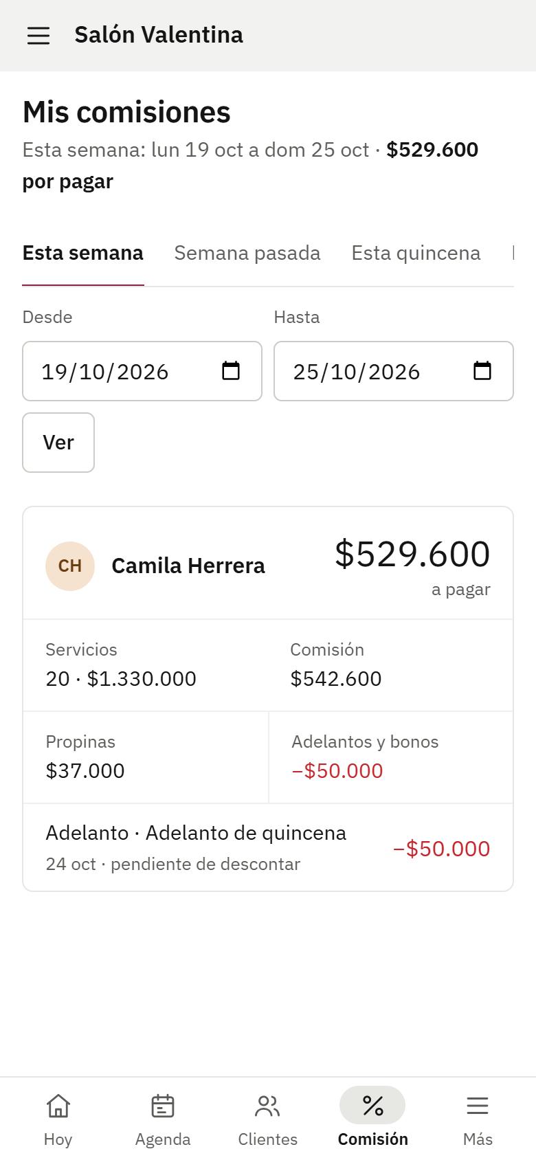 Pantalla de la estilista: sus comisiones