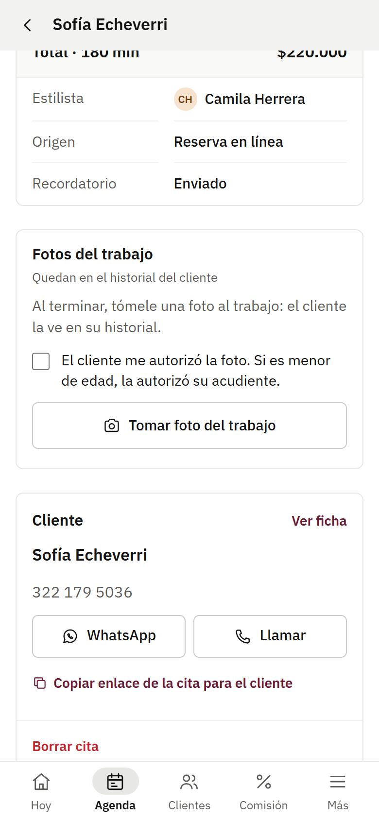 Pantalla de la app: al terminar, la foto del trabajo